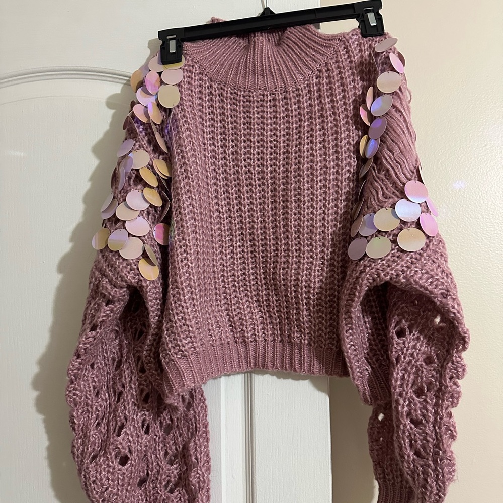 SHEIN Pink Crew Neck Sweater with Sequin Sleeve Details